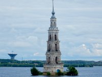 Bell tower isolated by flooding due to dams  The bell tower of the St. Nicholas Cathedral, the last remnant of a monastary.  Also the 64 m Kalyazin radio telsecope.  On board Viking Akun.